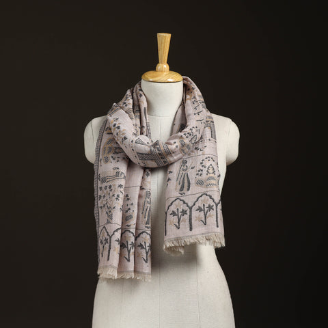 Beige - Kani Weave Zari Jaal Fine Wool Stole for Women 33