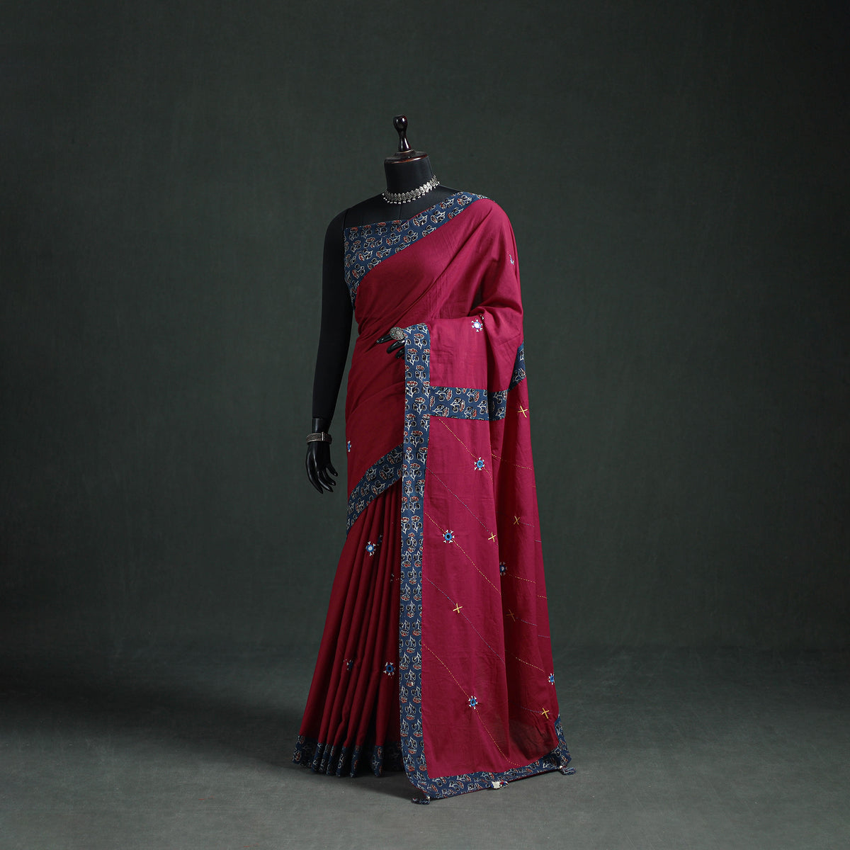Tagai & Mirror Embroidered Ajrakh Patchwork Pure Mul Cotton Saree with Blouse Piece 05