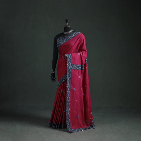 Tagai & Mirror Embroidered Ajrakh Patchwork Pure Mul Cotton Saree with Blouse Piece 05