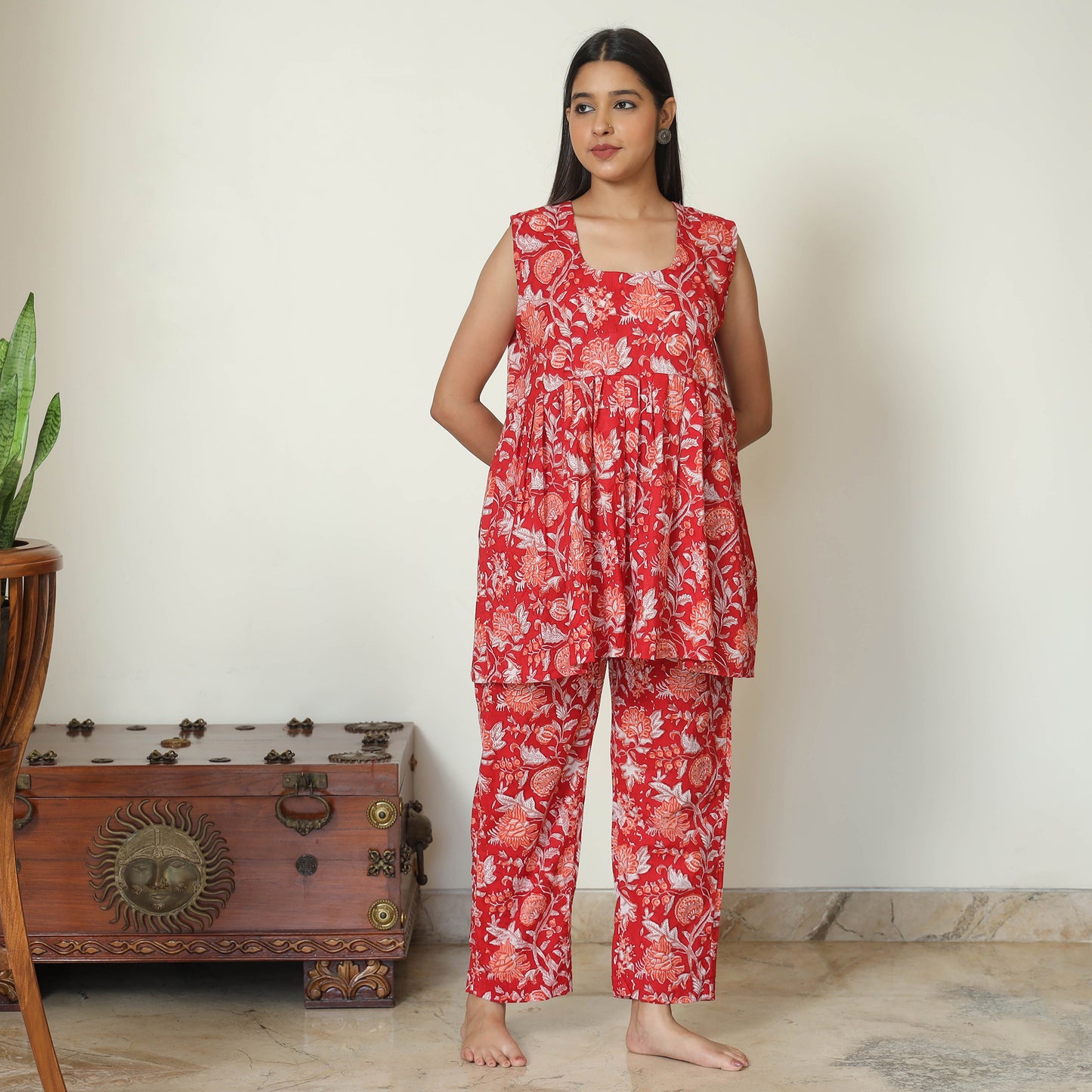Red - Sanganeri Block Printed Cotton Night Suit Set 21