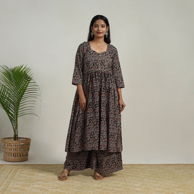 Black - Flared Cotton Block Print Kalamkari Kurta Set 03