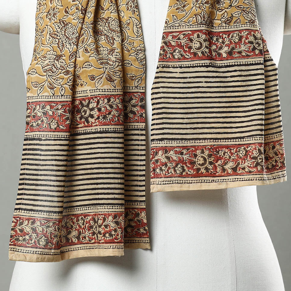 Yellow - Pedana Block Print Natural Dyed Cotton Kalamkari Stole 14