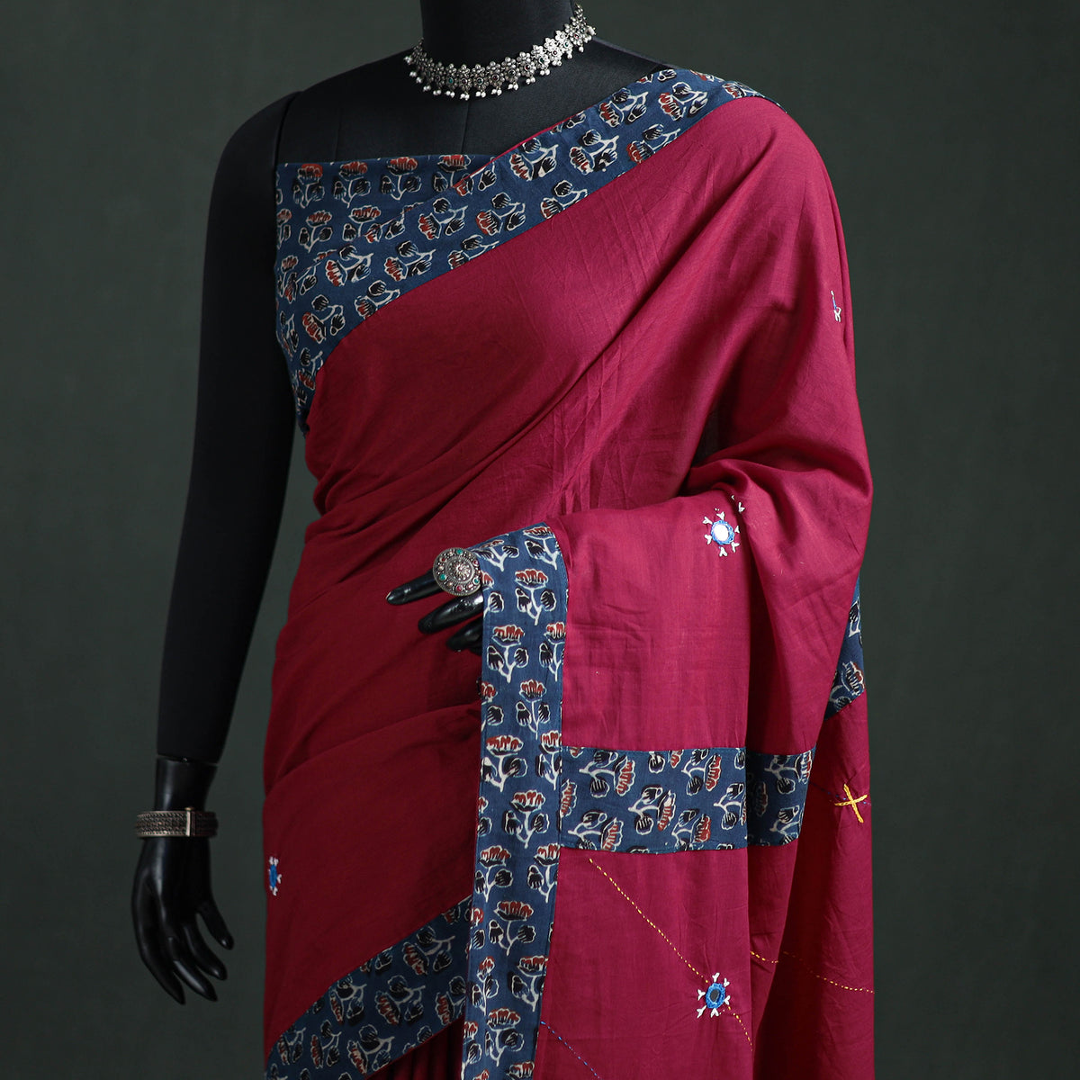 Tagai & Mirror Embroidered Ajrakh Patchwork Pure Mul Cotton Saree with Blouse Piece 05