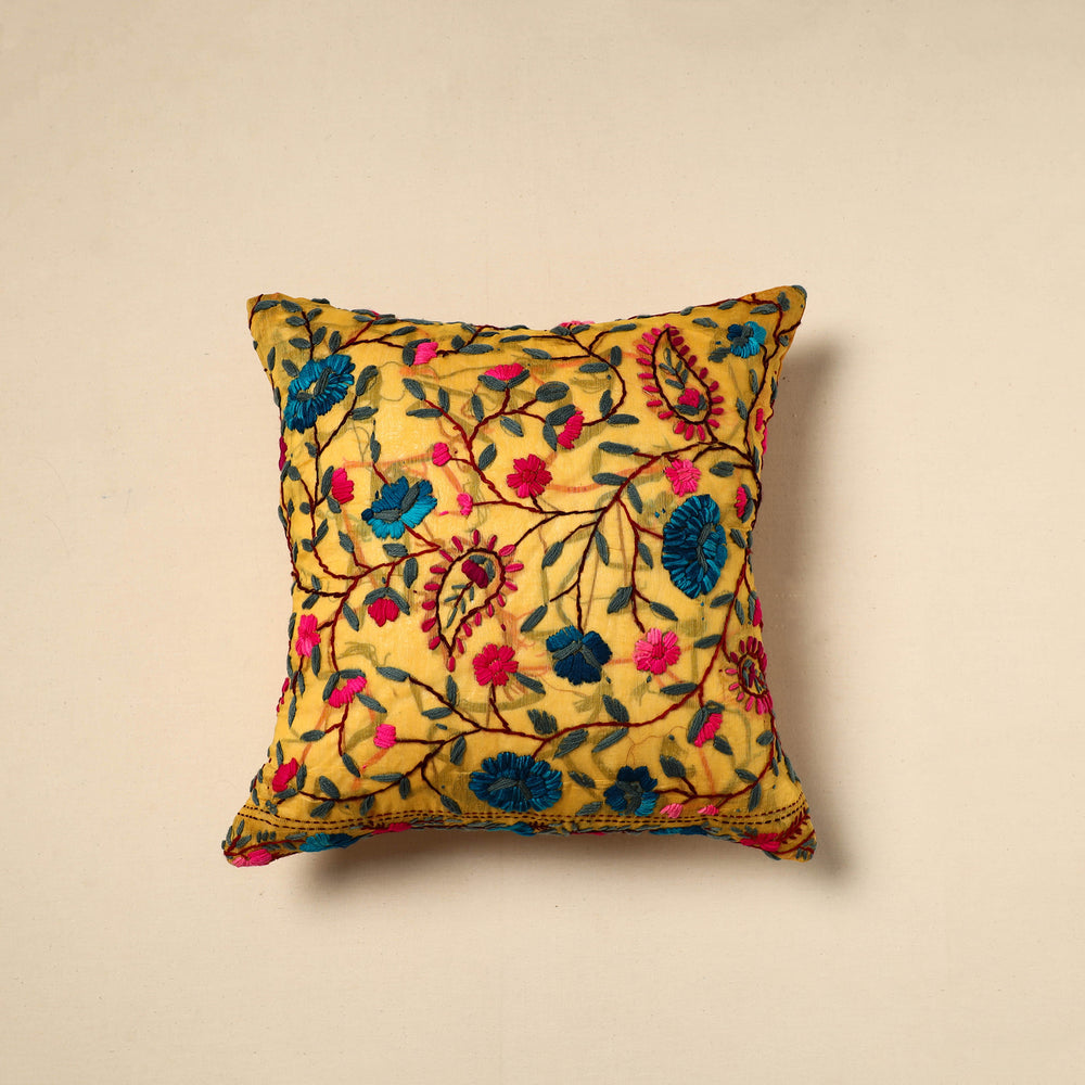 Yellow - Silk Cotton Phulkari Embroidered Cushion Cover 09