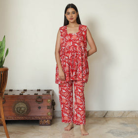 Red - Sanganeri Block Printed Cotton Night Suit Set 21