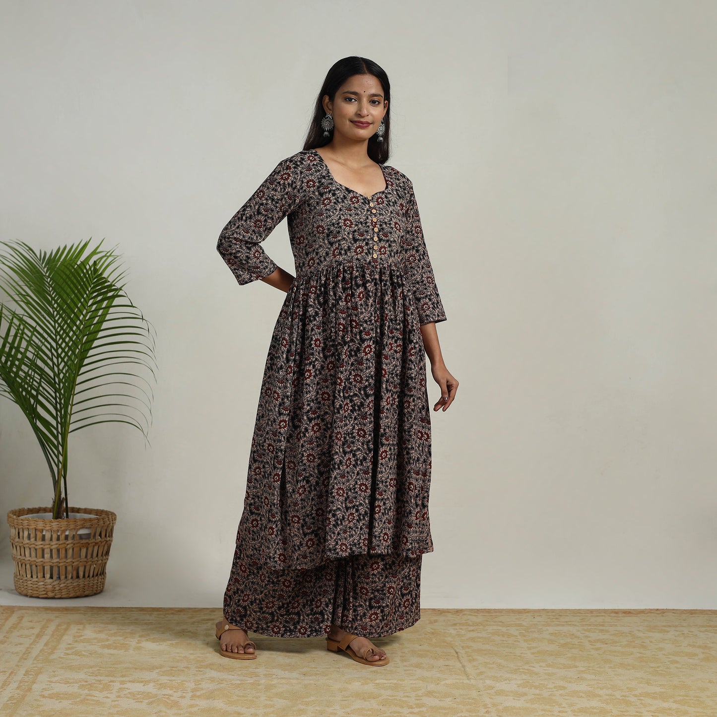 Black - Flared Cotton Block Print Kalamkari Kurta Set 03