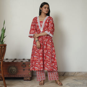 Red - Sanganeri Block Printed Cotton Kurta with Palazzo Set 12