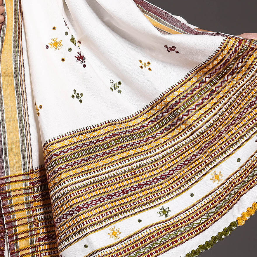 White - Kutch Chomuk Mirror Hand Embroidery Woolen Shawl