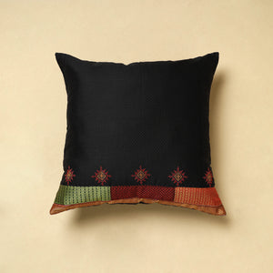 Black - Gavanti Kasuti Hand Embroidery Khun Cotton Cushion Cover (16 x 16 in)