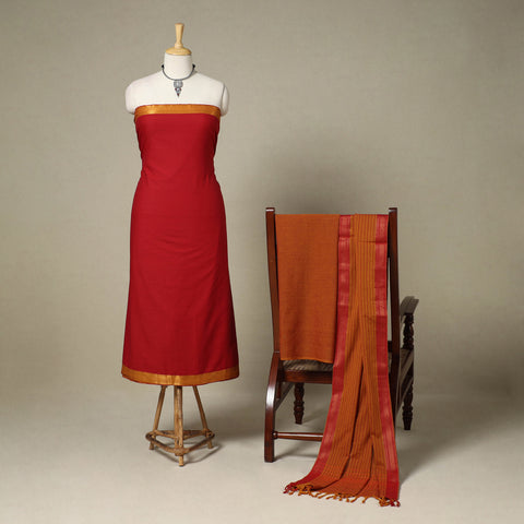 Red 3pc Cotton Unstitched Dharwad Dress Material