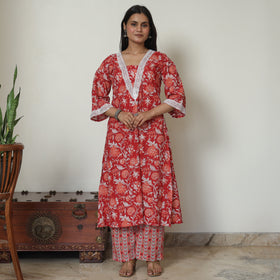 Red - Sanganeri Block Printed Cotton Kurta with Palazzo Set 12