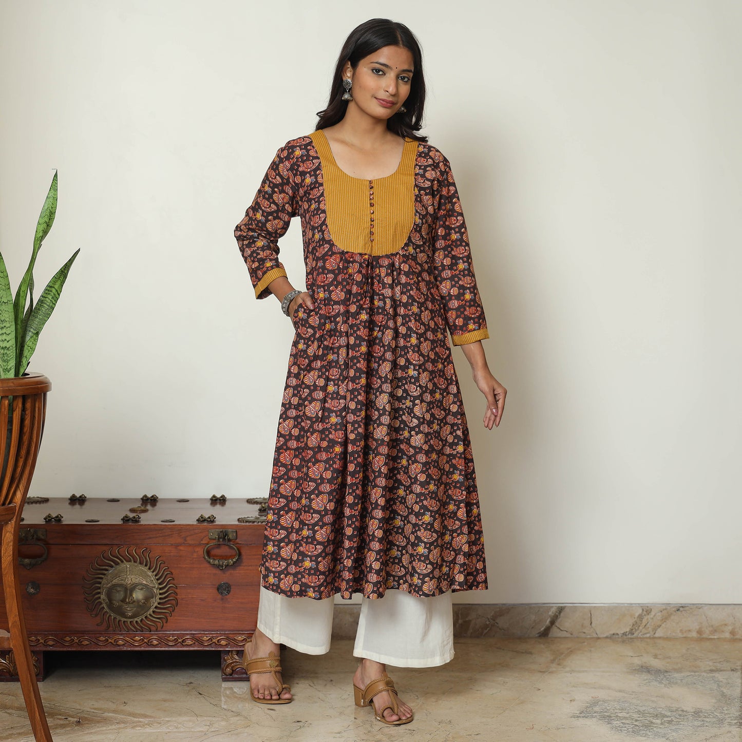 Black - Kalamkari Printed Cotton A-Line Kurta 32