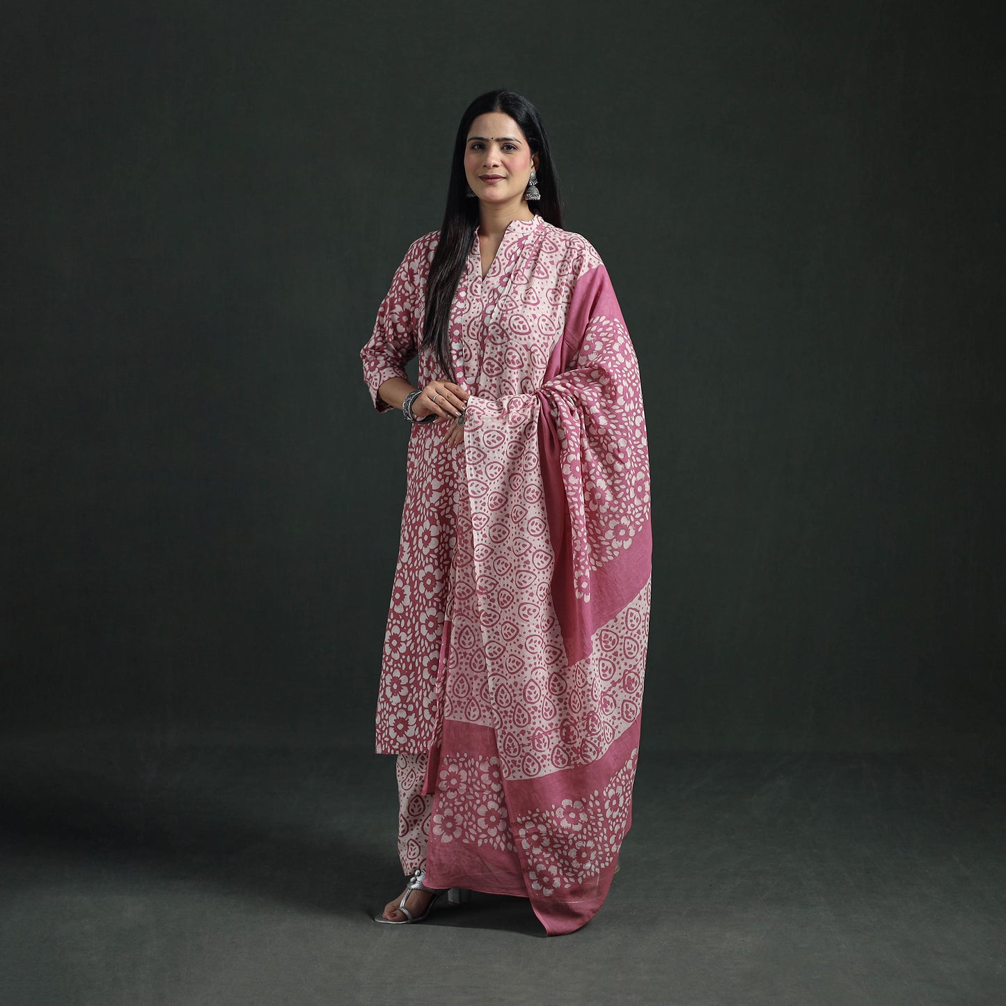 Hand Batik Print Cotton Suit Set with Dupatta for Women 07