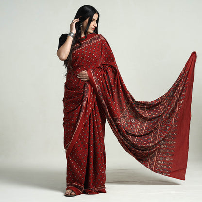 Red - Ajrakh Block Printed Cotton Saree