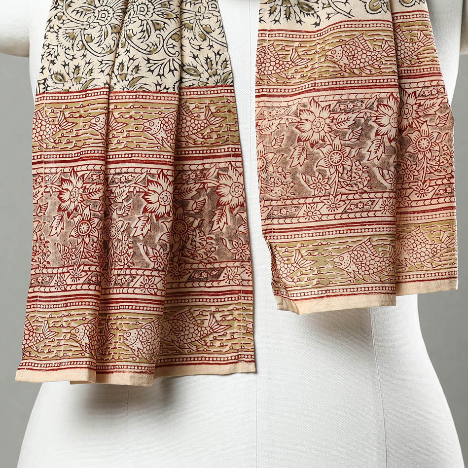 Beige - Pedana Block Print Natural Dyed Cotton Kalamkari Stole 16