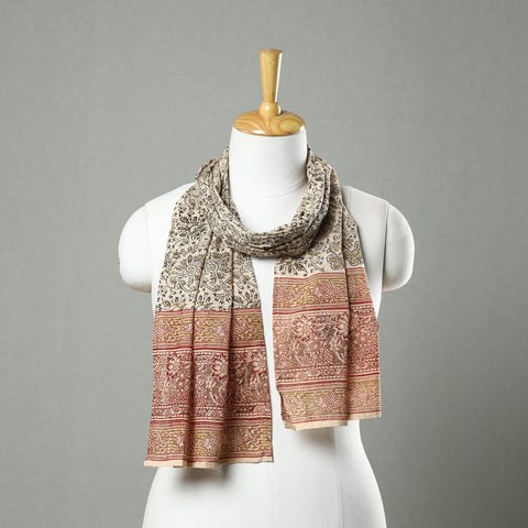 Beige - Pedana Block Print Natural Dyed Cotton Kalamkari Stole 16