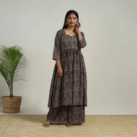 Black - Flared Cotton Block Print Kalamkari Kurta Set 03