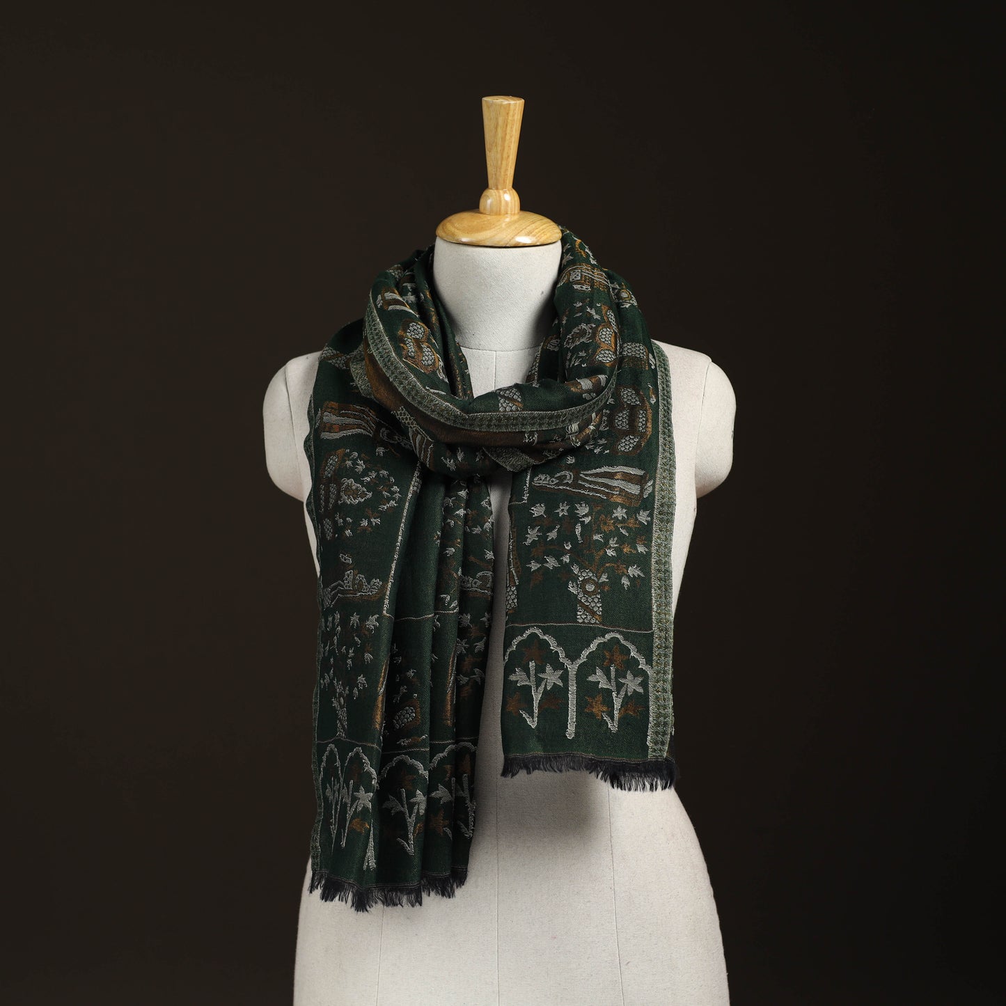 Green - Kani Weave Zari Jaal Fine Wool Stole for Women 36