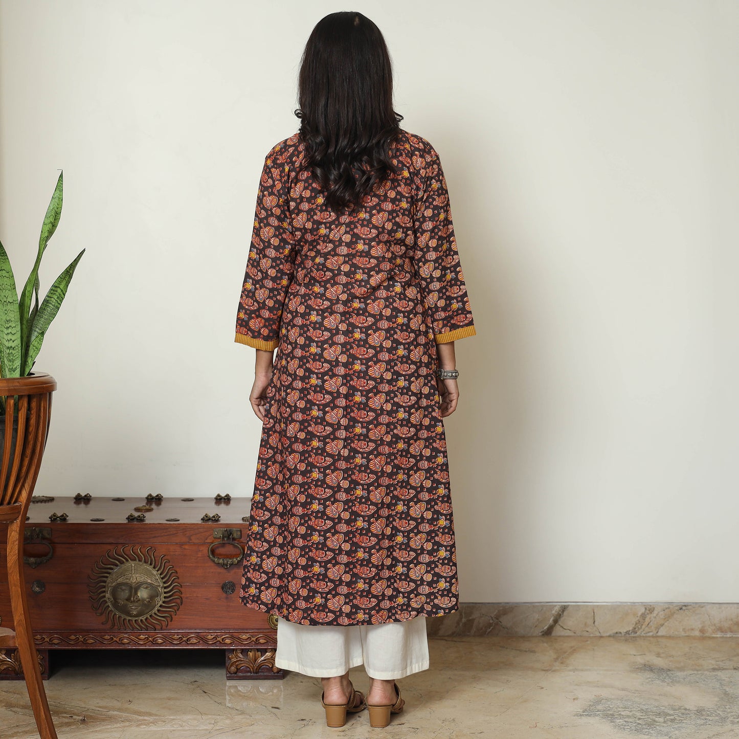 Black - Kalamkari Printed Cotton A-Line Kurta 32