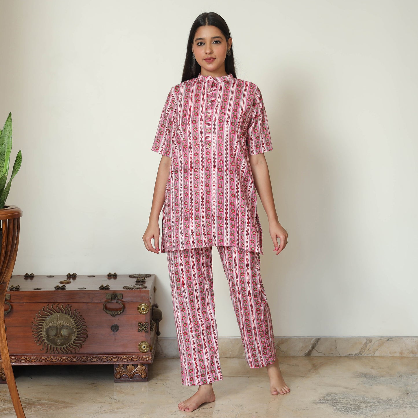 Pink - Sanganeri Block Printed Cotton Night Suit Set 02