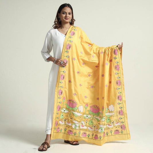 Yellow - Bengal Kantha Hand Embroidery Silk Dupatta