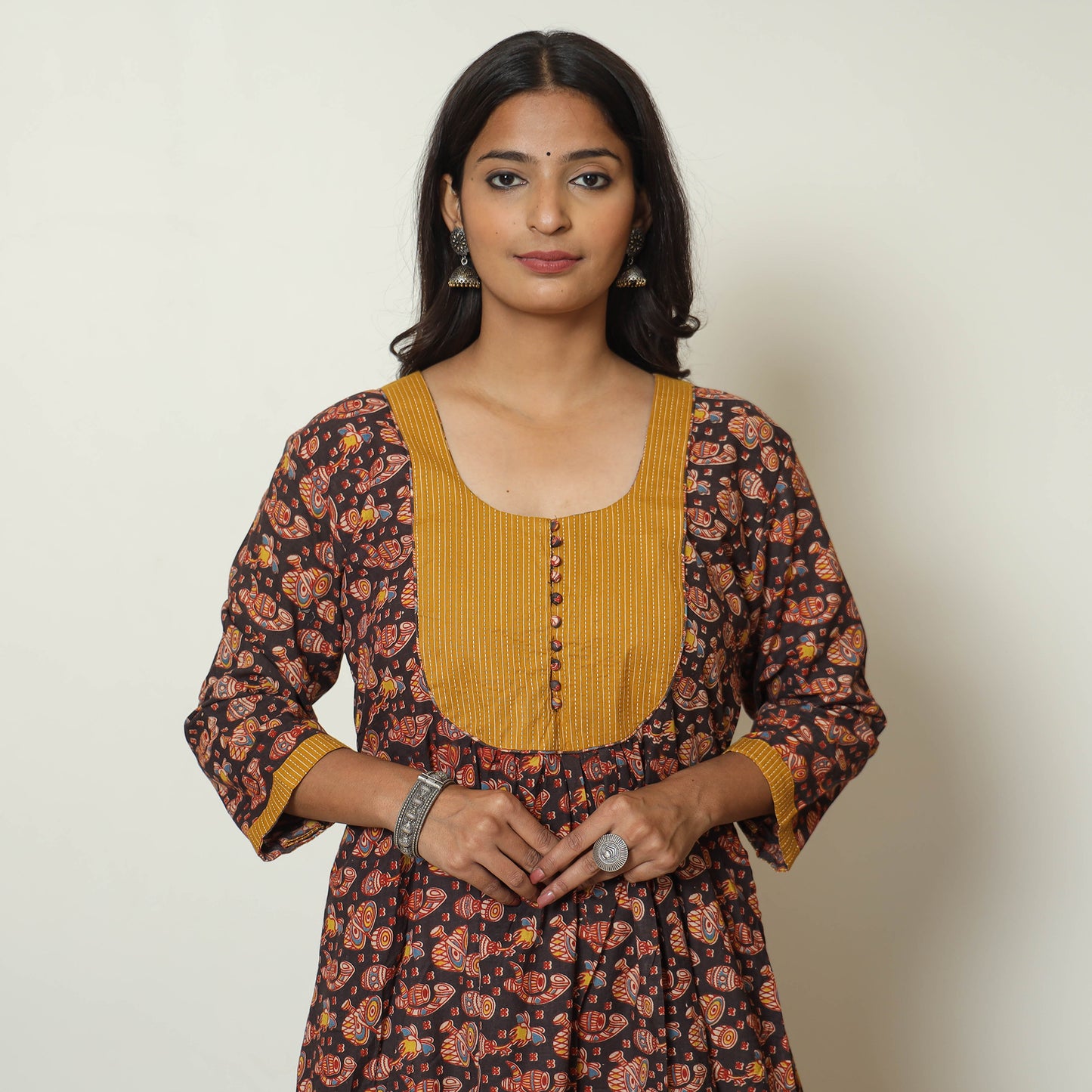 Black - Kalamkari Printed Cotton A-Line Kurta 32