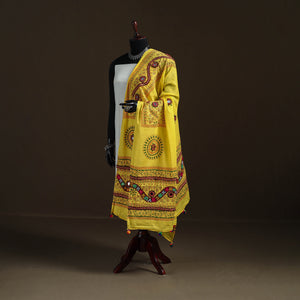 Yellow - Kutch Hand Embroidered Mirror Work Printed Cotton Dupatta 11