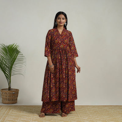 Red - Flared Cotton Block Print Kalamkari Kurta Set 07