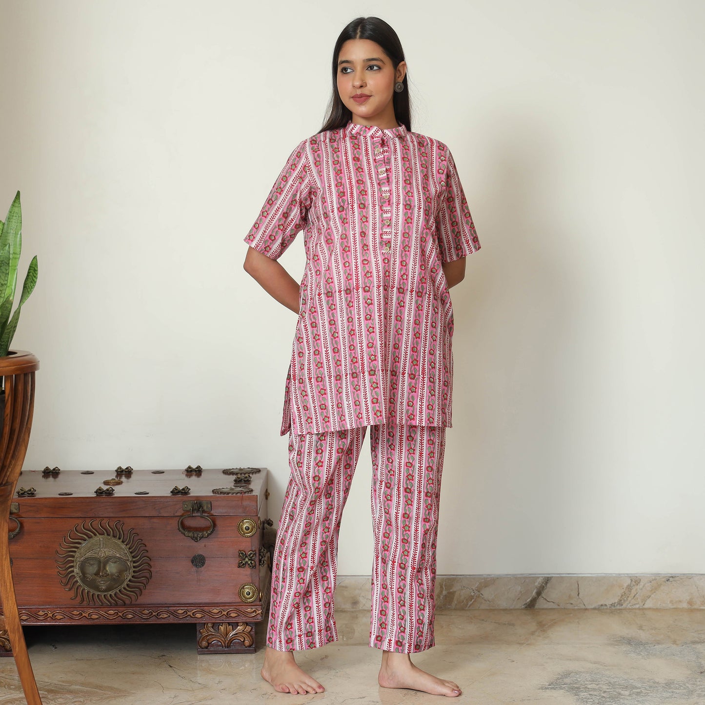 Pink - Sanganeri Block Printed Cotton Night Suit Set 02