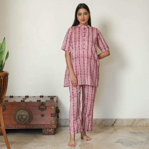 Pink - Sanganeri Block Printed Cotton Night Suit Set 02