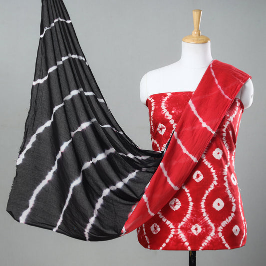 Red - 3pc Shibori Tie-Dye Mul Cotton Suit Material Set