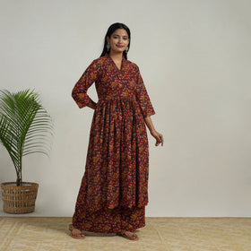 Red - flared cotton kalamkari kurta set 07 - handcrafted