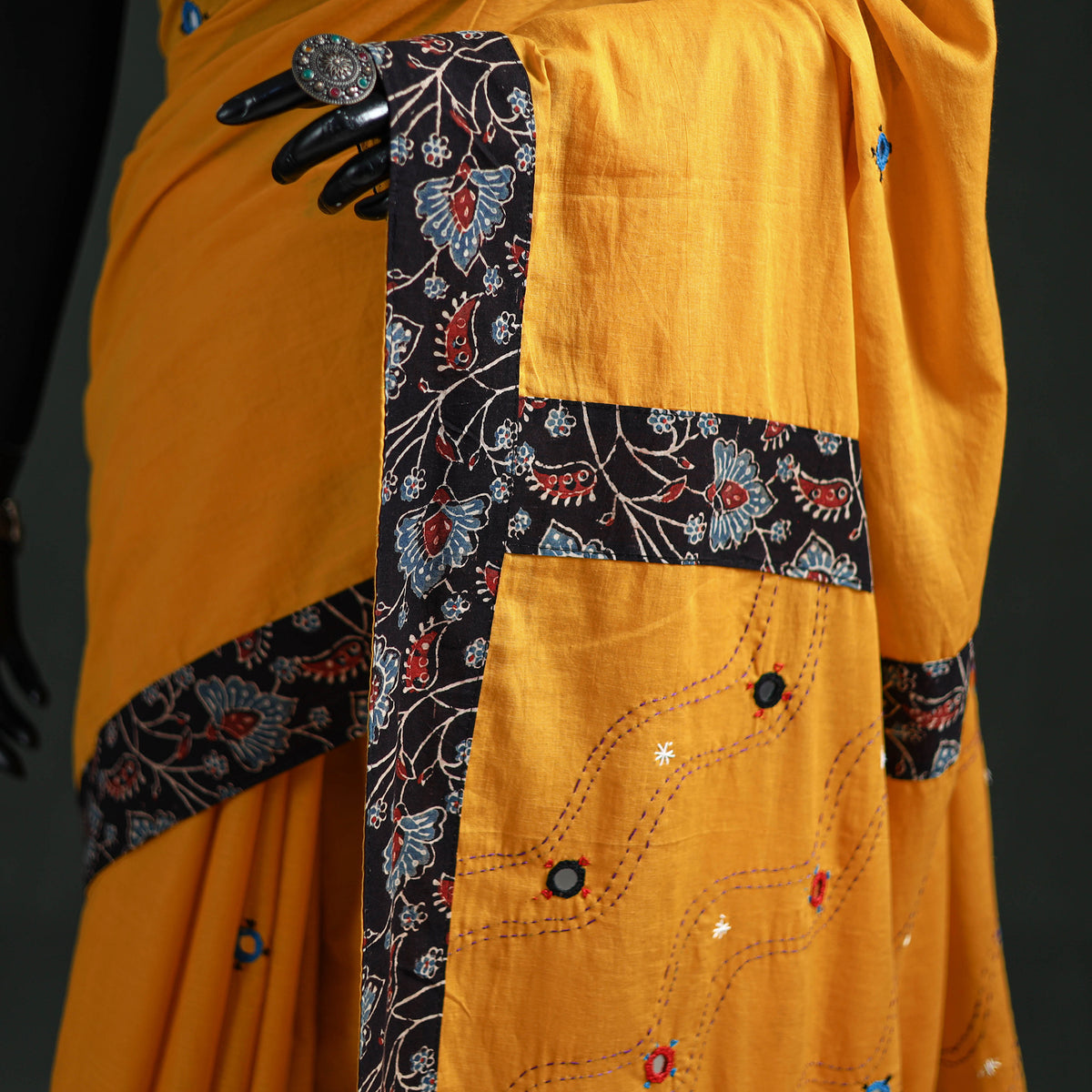 Tagai & Mirror Embroidered Ajrakh Patchwork Pure Mul Cotton Saree with Blouse Piece 06