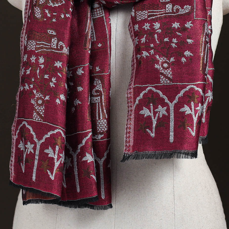 Red - Kani Weave Zari Jaal Fine Wool Stole for Women 40