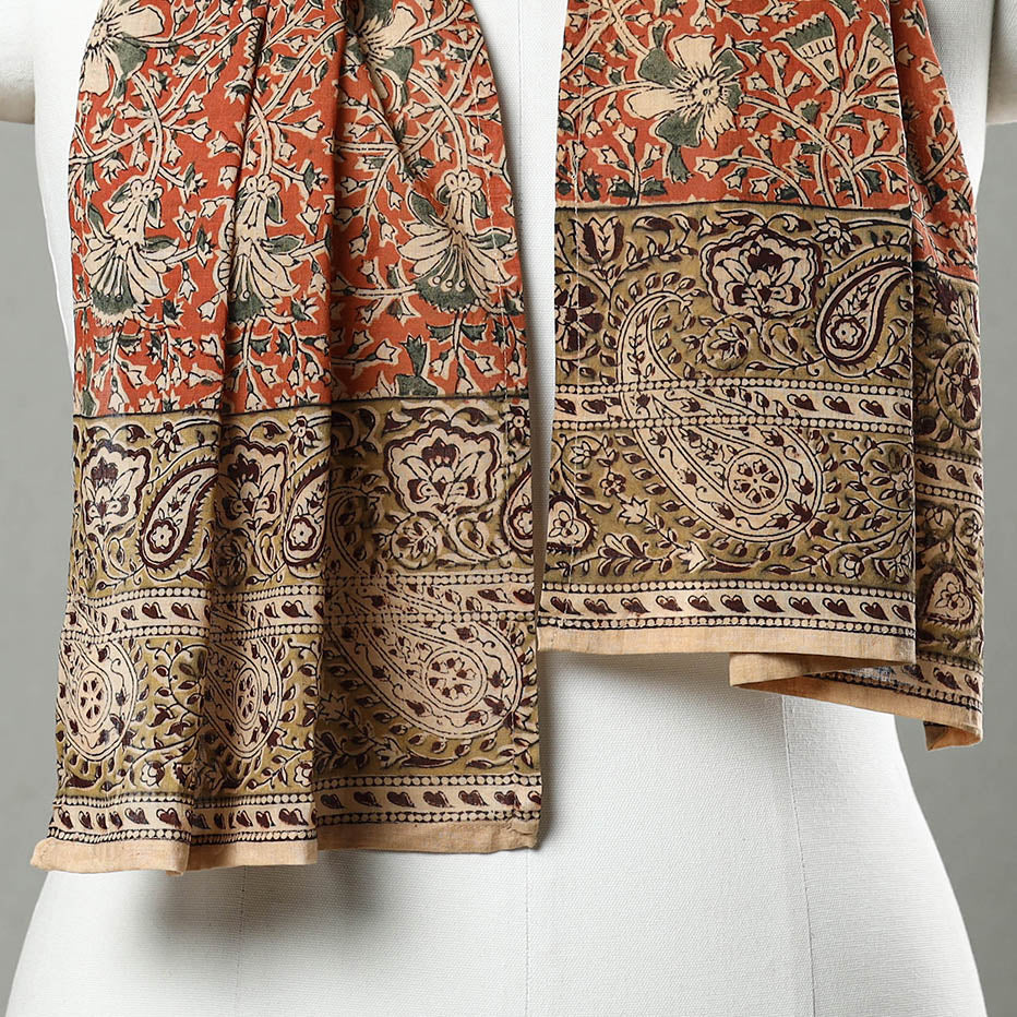 Orange - Pedana Block Print Natural Dyed Cotton Kalamkari Stole 20