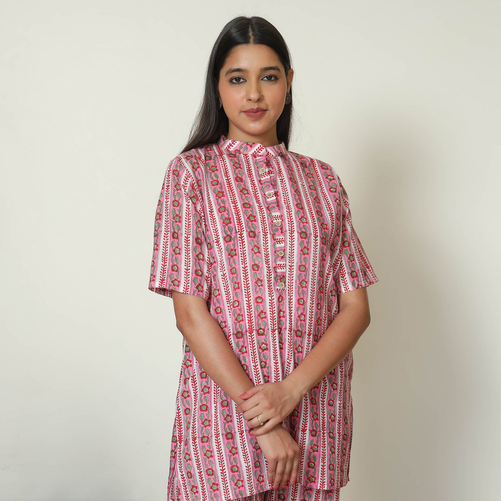 Pink - Sanganeri Block Printed Cotton Night Suit Set 02