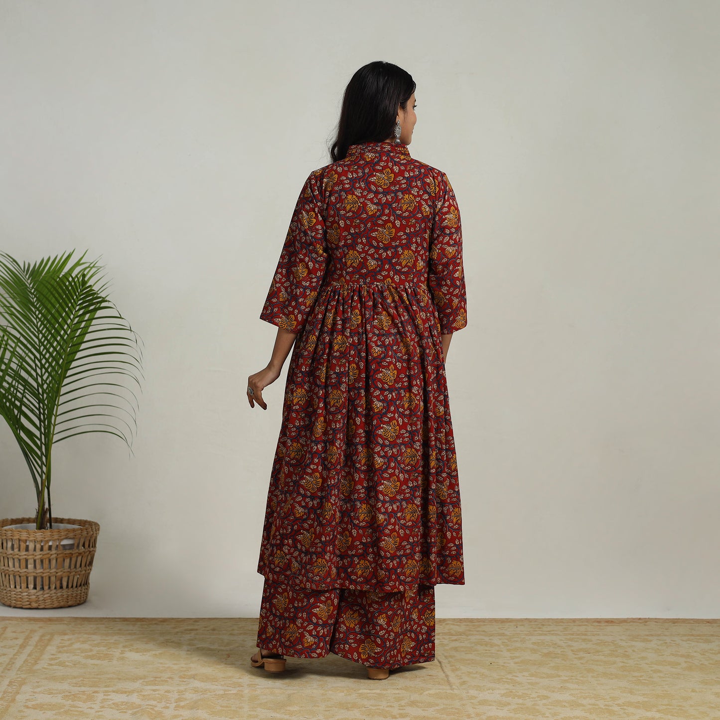 Red - Flared Cotton Block Print Kalamkari Kurta Set 07