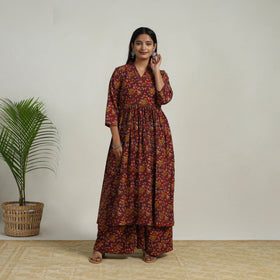 Red - flared cotton kalamkari kurta set 07 - handcrafted