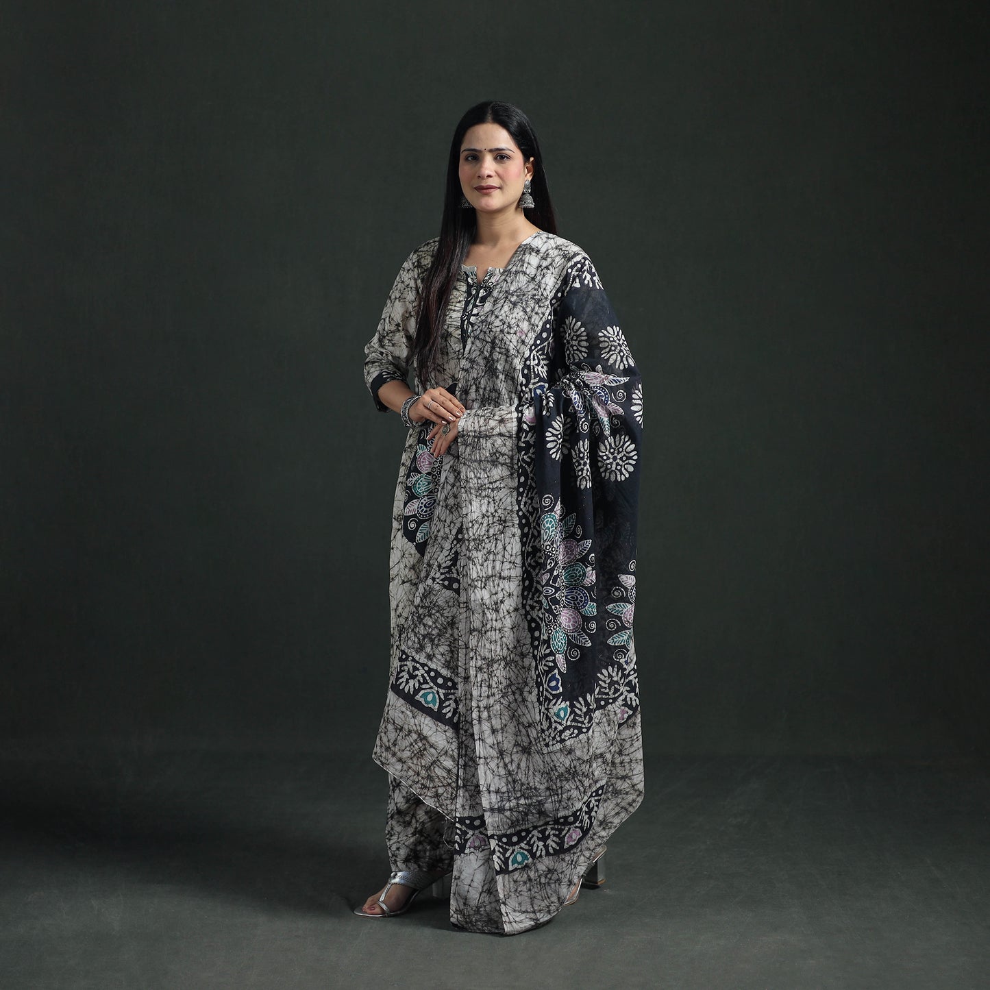 Indonesian Hand Batik Print Cotton Suit Set with Dupatta for Women 03