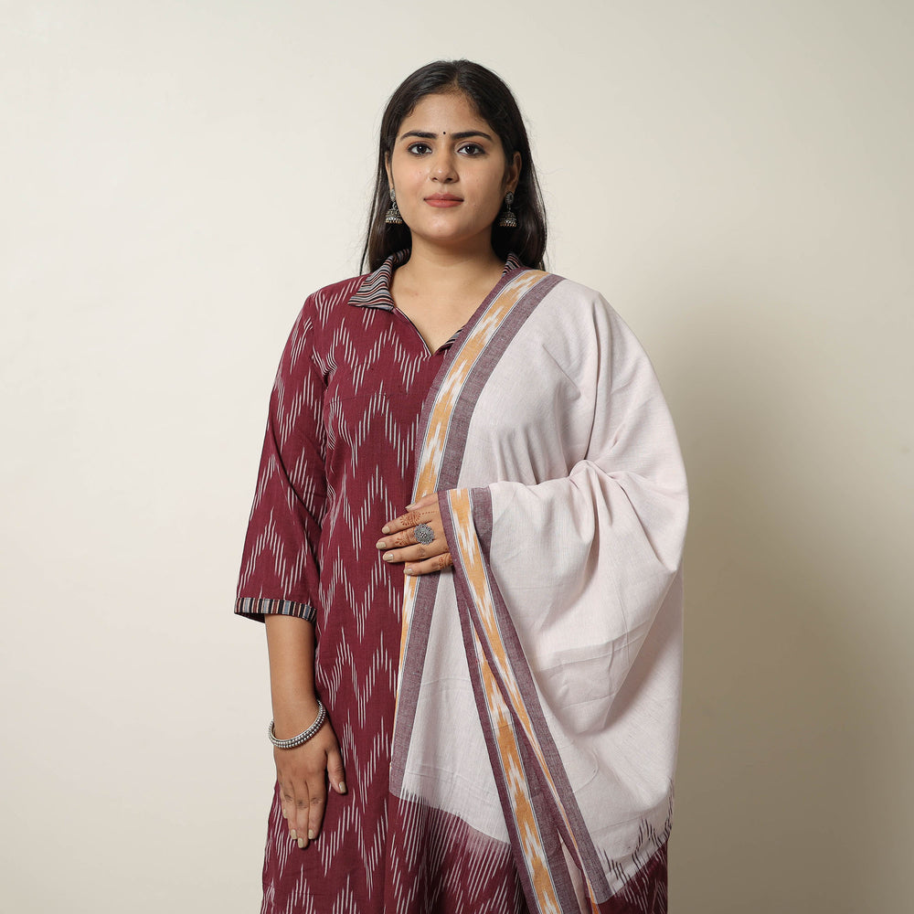 Maroon - Handloom Cotton Pochampally Ikat Kurta Set 10