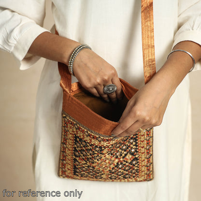 Orange - Kutch Neran Hand Embroidery Mashru Silk Sling Bag