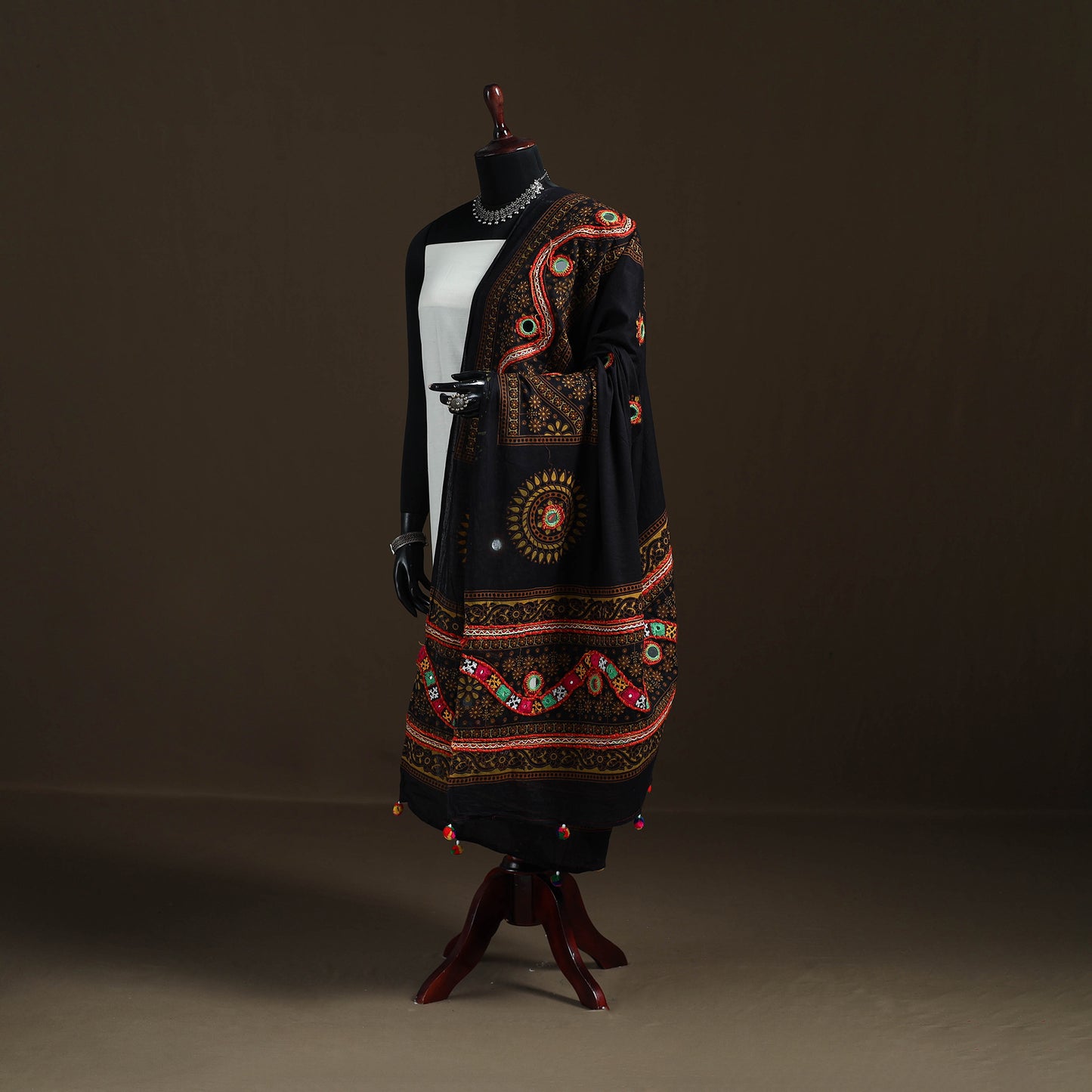 Kutch Hand Embroidered Mirror Work Printed Cotton Dupatta 12