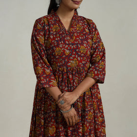 Red - flared cotton kalamkari kurta set 07 - handcrafted