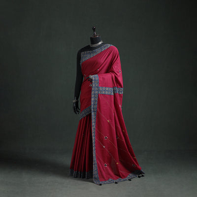 Tagai & Mirror Embroidered Ajrakh Patchwork Pure Mul Cotton Saree with Blouse Piece 07