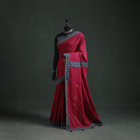 Tagai & Mirror Embroidered Ajrakh Patchwork Pure Mul Cotton Saree with Blouse Piece 07