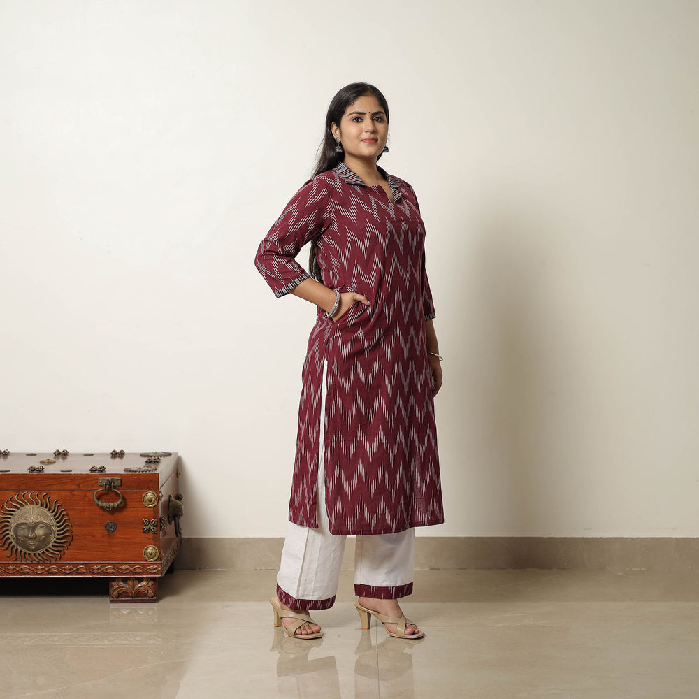 Maroon - Handloom Cotton Pochampally Ikat Kurta Set 10