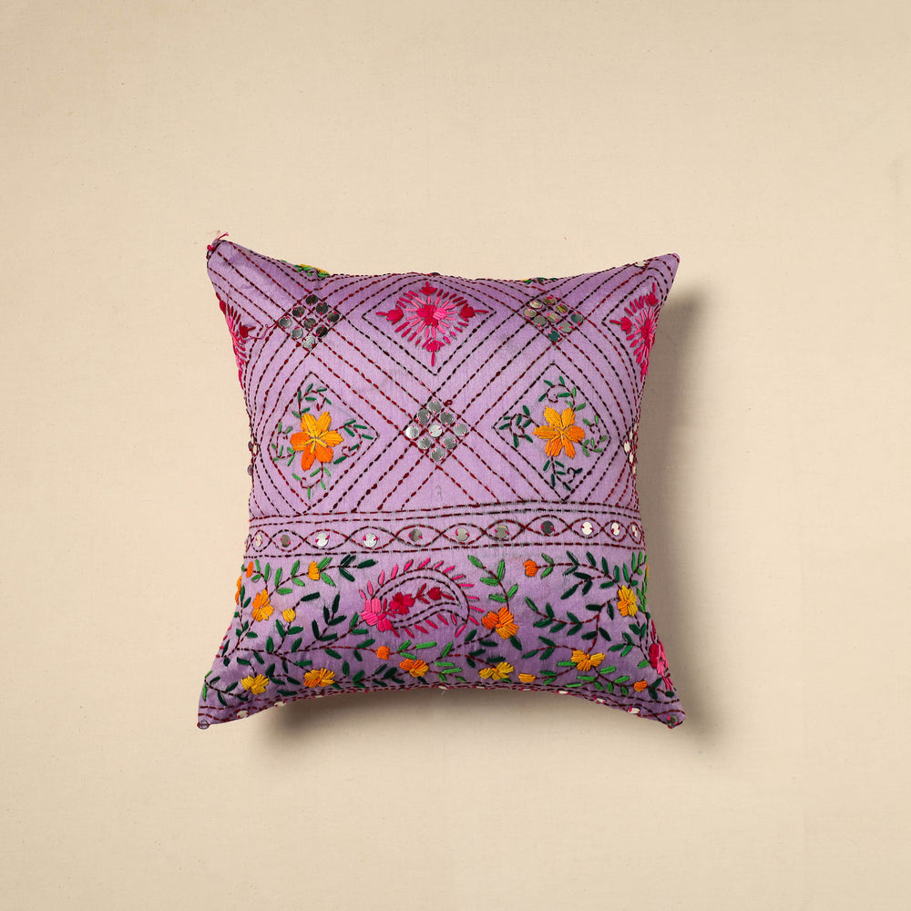 Purple - Silk Cotton Phulkari Embroidered Cushion Cover 11