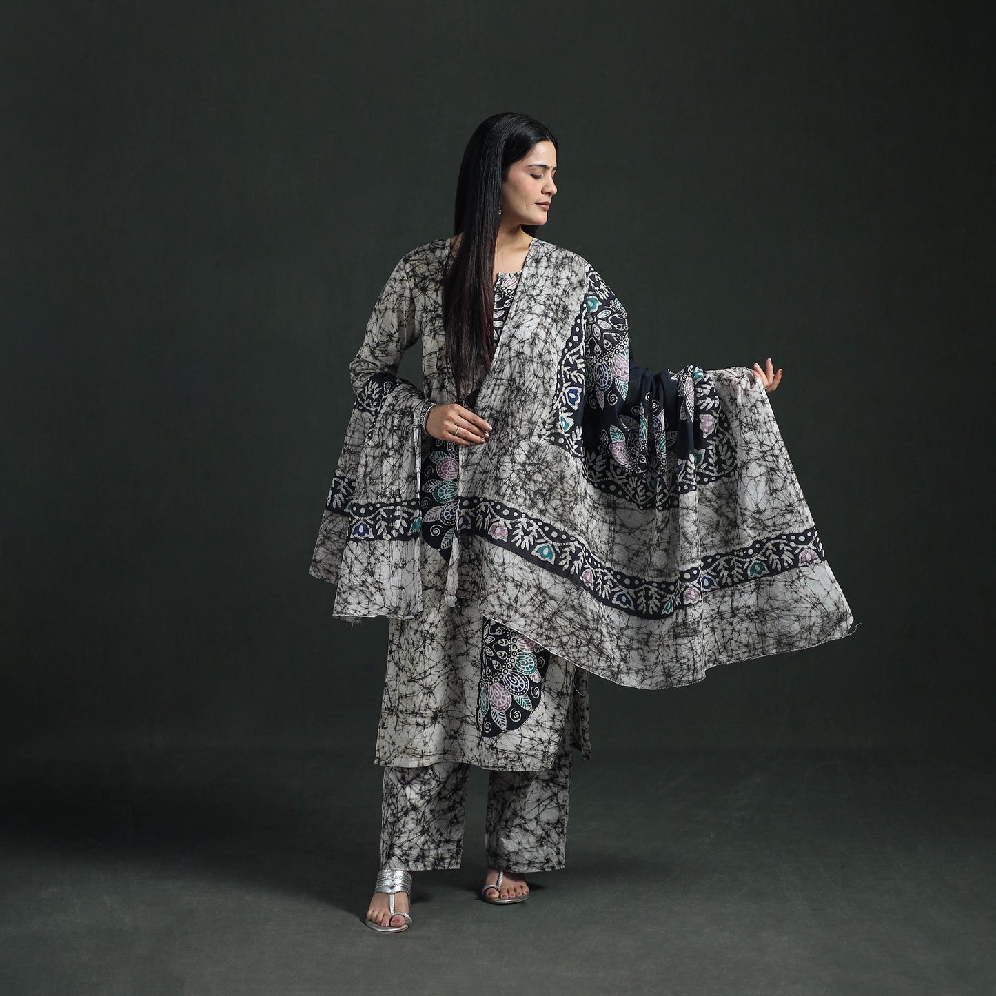 Indonesian Hand Batik Print Cotton Suit Set with Dupatta for Women 03