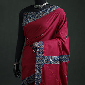 Tagai & Mirror Embroidered Ajrakh Patchwork Pure Mul Cotton Saree with Blouse Piece 07
