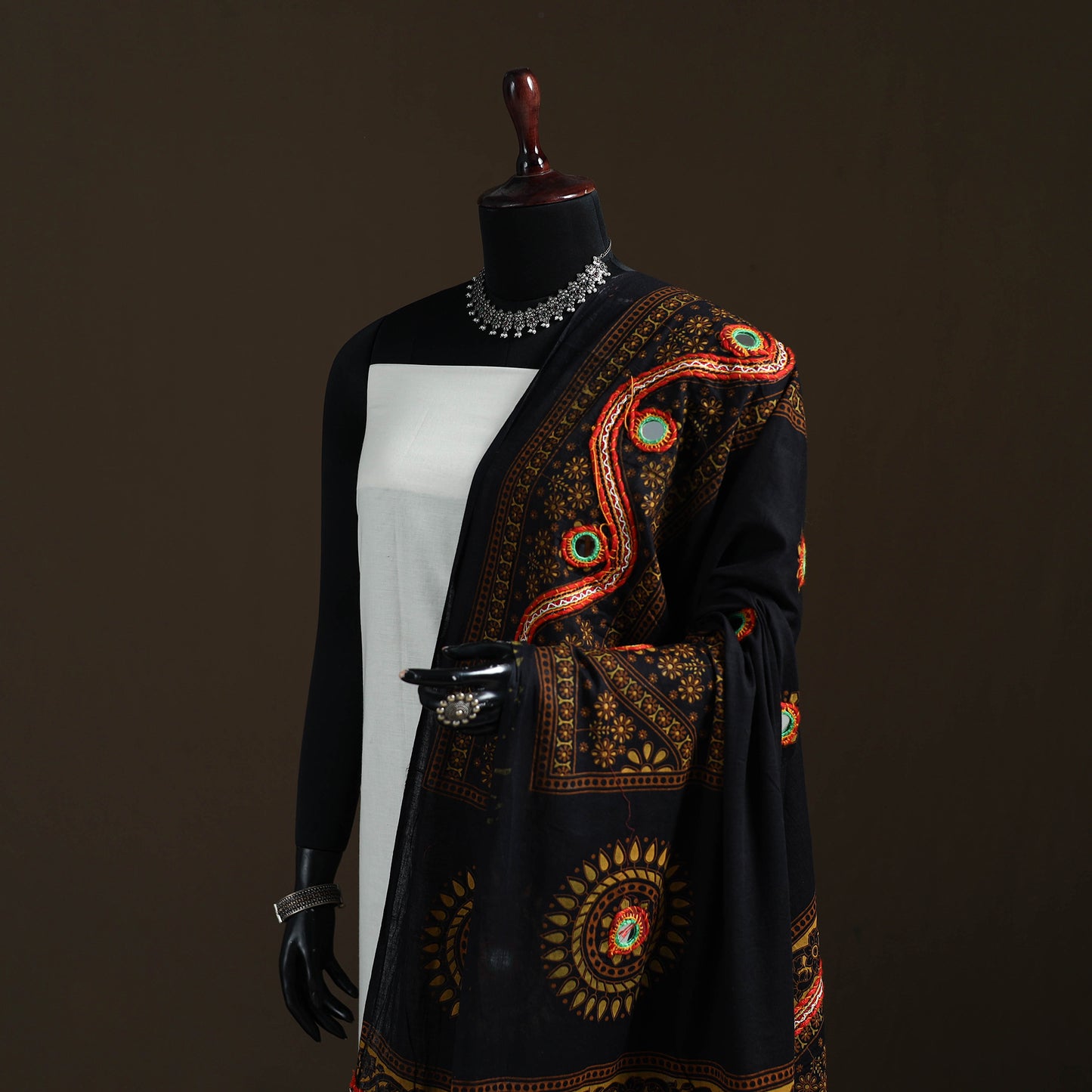 Kutch Hand Embroidered Mirror Work Printed Cotton Dupatta 12